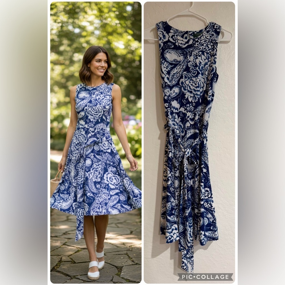 Ralph Lauren Navy and White Floral Midi Dress size 8P